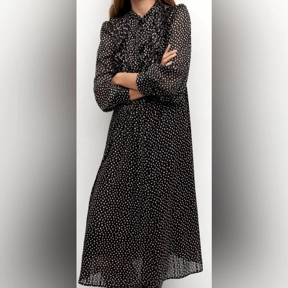 Mango ruffled pleated black polka dot lined midi US4 party office flowy modest - Picture 3 of 8